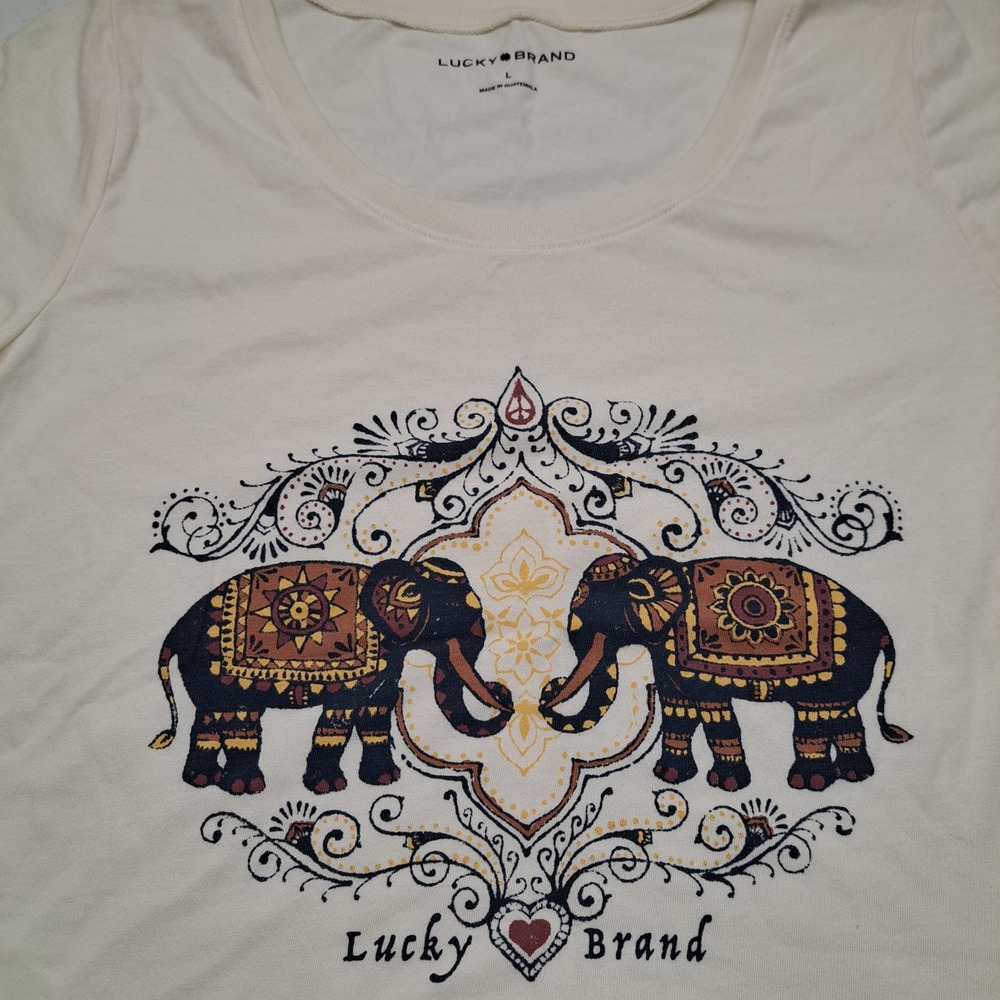 Lucky Brand Womens Tee L Cream NWT Boho Scoop Neck Short Sleeve 1945-140